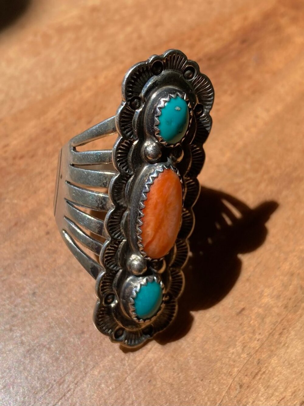 Big Navajo Turquoise and Orange Spiny Sterling Silver STATEMENT ring SIGNED
